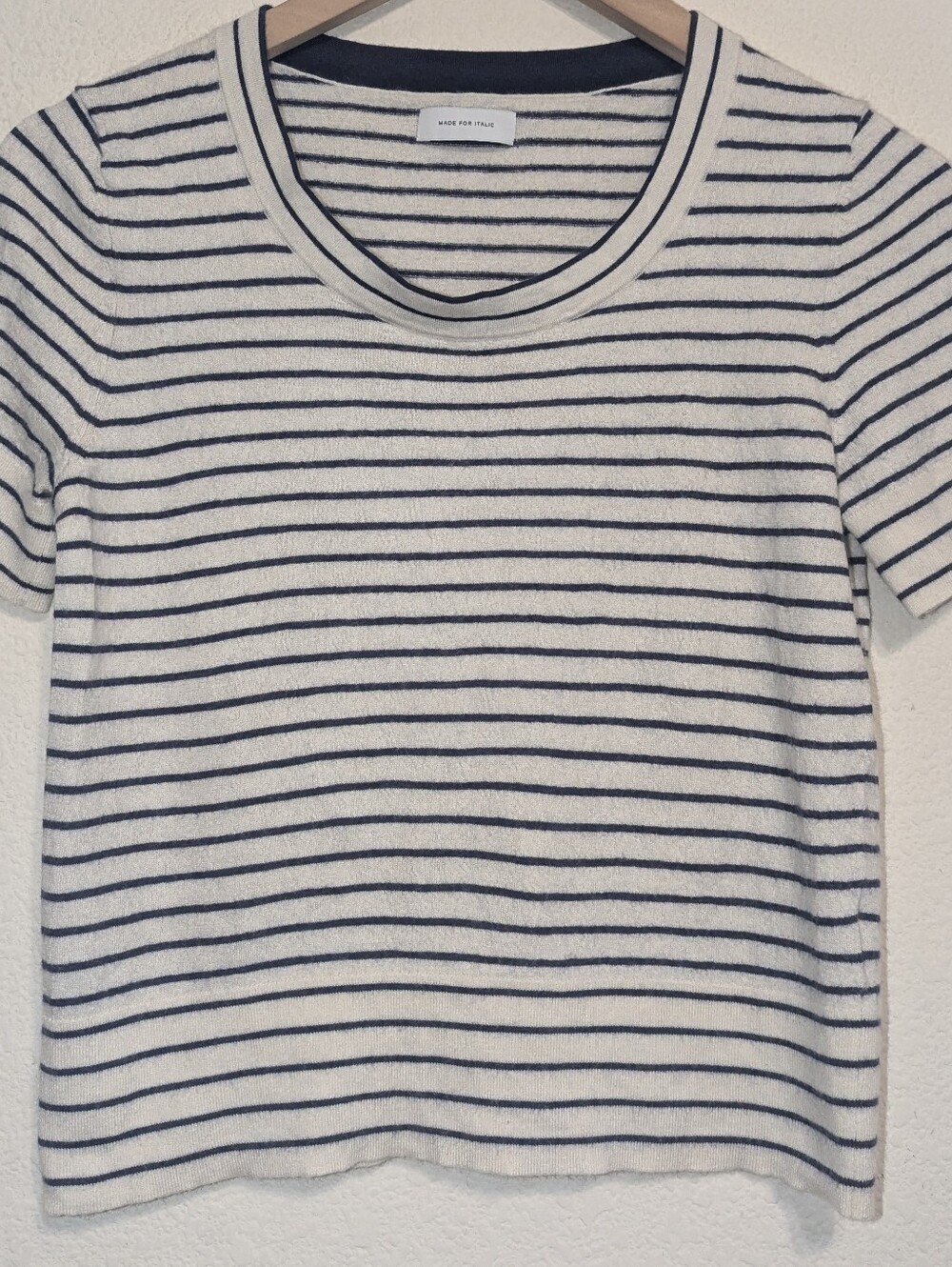 Italic Emelie Featherlight Tee Large Silk Cashmere Short Sleeve Top Stripe navy